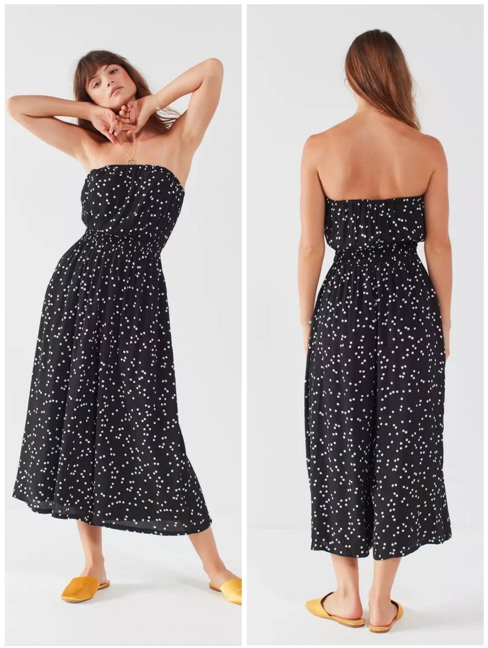 Urban Outfitters Jackson Black White Polka Dot Print Strapless Wide Leg Jumpsuit